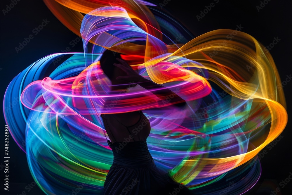 Aufkleber An artistic display of light painting creating a vortex of colorful trails, encapsulating motion and vibrancy in darkness