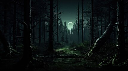 This is a dark and mysterious forest. The trees are tall and the branches are thick, creating a dense canopy that blocks out the sunlight. - obrazy, fototapety, plakaty