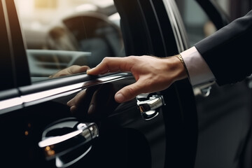 Businessman, hands and chauffeur by car door for travel accommodation, designated driver or commute. Hand of male person on vehicle handle in professional transport service, business class or pick up - obrazy, fototapety, plakaty
