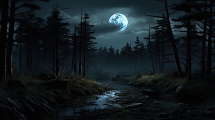 The full moon rises over a dark and misty forest. The only light comes from the moon and the stars, which create a spooky and atmospheric scene.