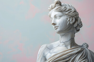 Marble statue of an ancient Greek goddess on pastel background