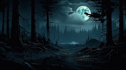 A dark and mysterious forest at night. The only light comes from a full moon, which is shining through the trees.
