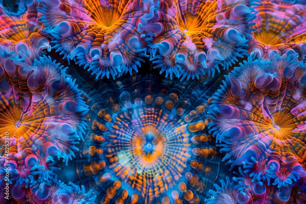 Poster A macro shot of a coral reef displaying an array of vivid colors and intricate patterns, evoking a sense of underwater wonder