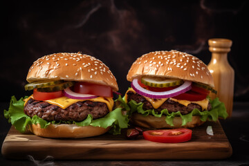 Two hamburgers with beef burger cutlet, fried onion, spinach, ketchup sauce and blue cheese in traditional buns, served on wood chopping board over dark wooden background.