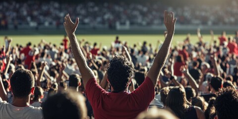 A crowd of fans at a competition event in a stadium, with arms in the air, sharing the fun and entertainment of watching a soccer game. AIG41