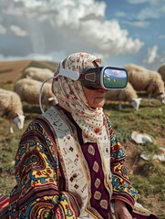 senior woman with virtual reality headset is stunned by VR experience. AI generated illustration