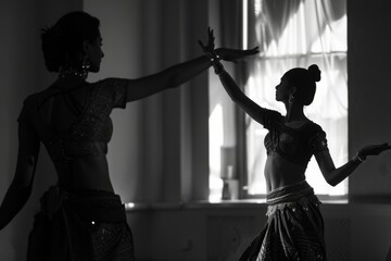 The silhouette of two female dancers stretched out in a pose captures their movement and grace...