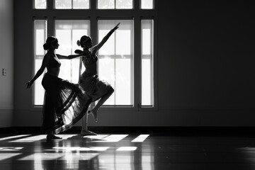 Two dancers are captured in silhouette against a bright window in a dance pose, emphasizing...