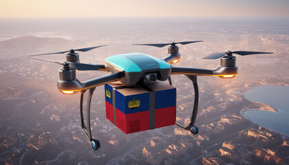 Naklejka na ściany i meble Drone delivery concept. Autonomous unmanned aerial vehicle with Liechtenstein flag used to transport packages.