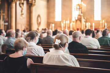 Holy mass in Christian church during the coronavirus pandemic Covid-19. Safe personal distance with protective masks. - obrazy, fototapety, plakaty