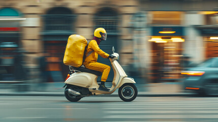 A delivery rider in yellow uniform speeds down a bustling city street on a white scooter, captured in motion blur