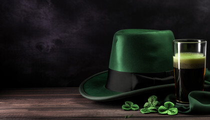 St. Patrick's day background in black and green colors. Green hat with clover and the Irish beer.