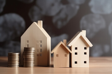 Wooden houses and stacking coins on wooden table. saving money for buying house, financial plan home loan concept.
