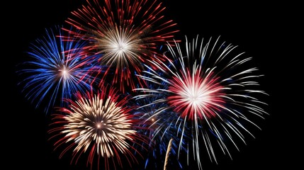 Naklejka premium Fireworks light up the sky in red, white, and blue. The perfect image to celebrate the Fourth of July or any other patriotic holiday.