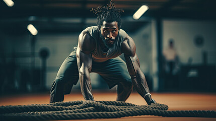 Athletic African American man doing battle rope workout in the gym.