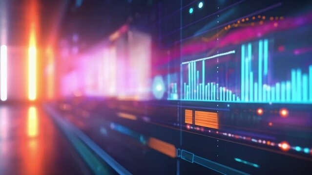 An extreme closeup of a projector displaying a colorful data visualization onto a blank wall symbolizing the power and impact of data ysis in driving efficiency and productivity