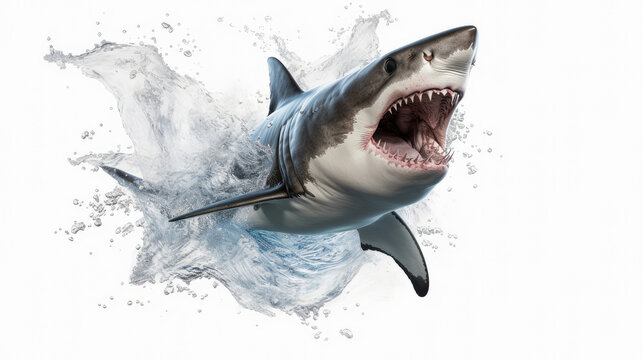 A large shark jumps out of the water on a white background.