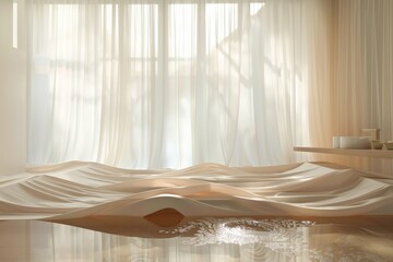 An elegant bedroom bathed in soft light filtering through sheer curtains, creating a warm and inviting space