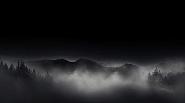 Foggy mountains in the dark. The image is full of mystery and suspense. It is perfect for a book cover or a movie poster.