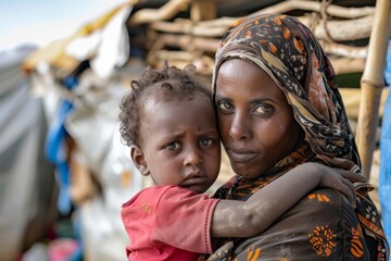 A mother with a patterned headscarf holds her child tightly, both looking intently at the camera in an austere setting
