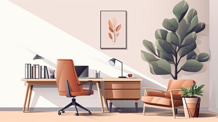 A stylish home office with a large wooden desk, a comfortable brown leather chair, and a lush green plant in the corner.