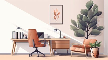 Obraz premium A stylish home office with a large wooden desk, a comfortable brown leather chair, and a lush green plant in the corner.