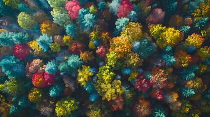 Aerial view editorial photo of a dense forest in fall, with a spectrum of autumn colors creating a vibrant, patchwork effect - obrazy, fototapety, plakaty