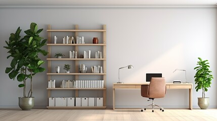 A home office with a large wooden desk, a comfortable brown leather chair, and a tall bookshelf filled with books, plants, and other decorative object - obrazy, fototapety, plakaty