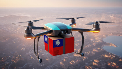 Drone delivery concept. Autonomous unmanned aerial vehicle with Taiwan flag used to transport packages.