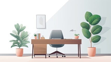 A home office with a large desk, a comfortable chair, and a few plants. The desk is made of wood and has a lot of storage space.