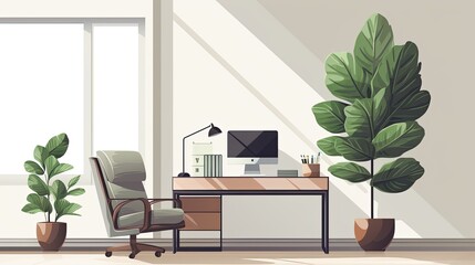 A home office with a large desk, a comfortable chair, and a computer.