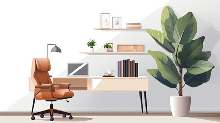 A home office with a large desk, a comfortable chair, and a tall plant in the corner. The desk is made of wood and has a white top.