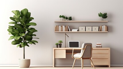 A stylish home office with a large potted plant, a wooden desk, a comfortable chair, and a few decorative items on the shelves.