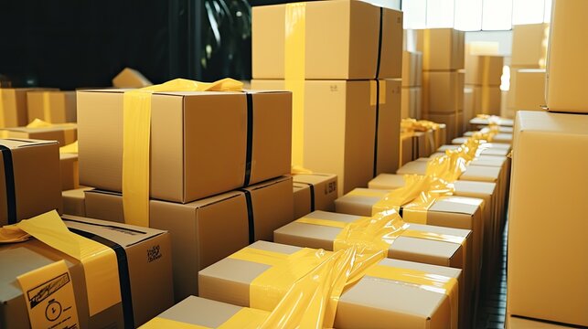 Stacks of cardboard boxes. A large warehouse with lots of goods. Logistics and cargo delivery. Illustration for advertising, marketing or presentation.