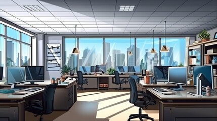 A modern office space with large windows looking out onto a city skyline. There are several workstations with computers and chairs.