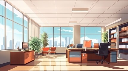 The interior of a modern office with large windows, a desk, a comfortable chair, bookshelves, and plants. The room is bathed in sunlight.