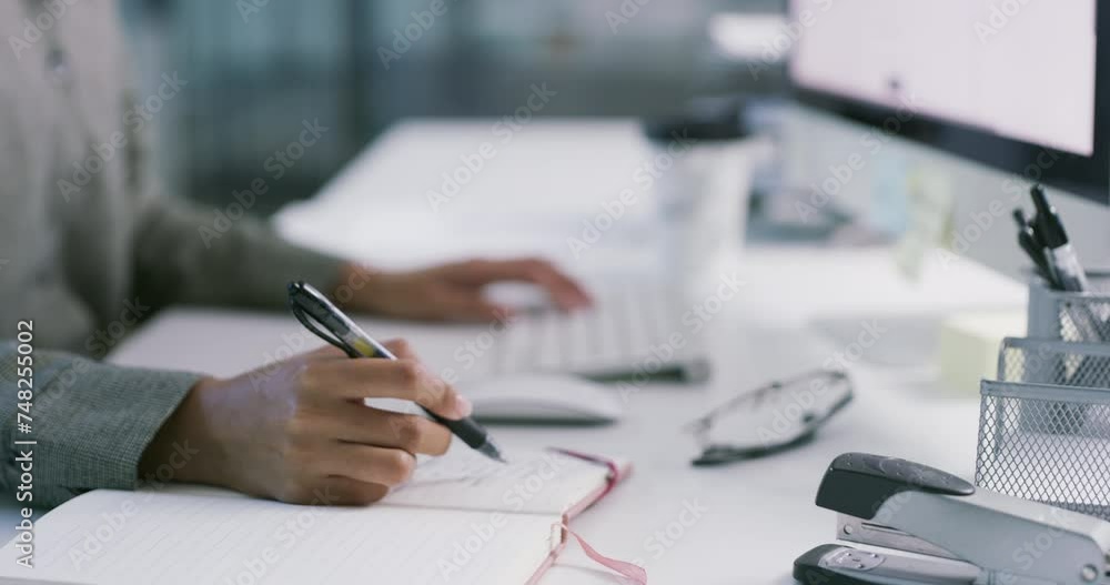 Aufkleber hands, typing and writing in a notebook with a keyboard for work, business and planning a strategy. 