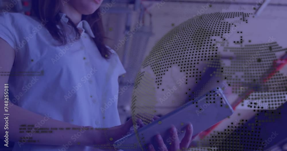 Poster animation of globe and data processing over caucasian businesswoman using tablet in office