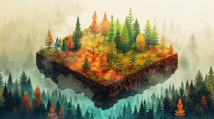 an isometric satellite image of an autumn forest glen, watercolor mist and dappled sunlight style