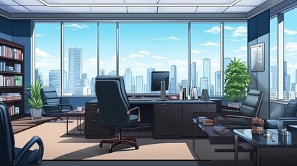 A modern office with a large desk, comfortable chairs, and a beautiful view of the city.