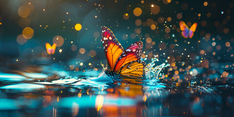 Colorful butterfly splashing out of water Multi colored butterfly flies among vibrant nature beauty with golden sparkles background and wallpaper - obrazy, fototapety, plakaty