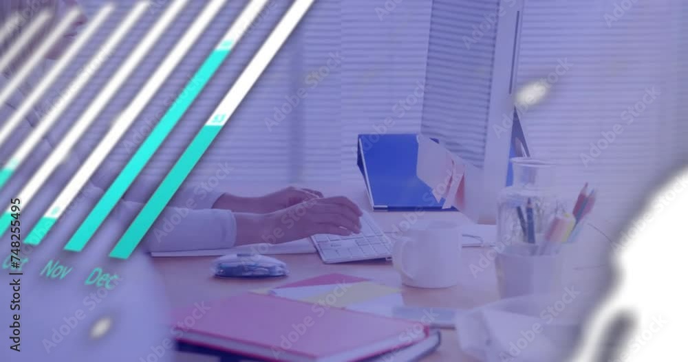 Poster animation of financial data processing over caucasian businesswoman using computer in office