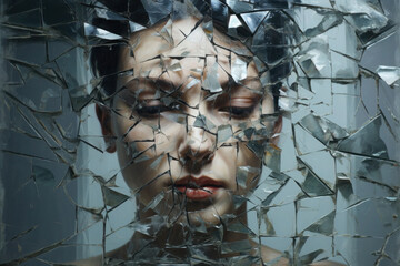 Female face looking through shattered mirror with many broken glass fragments. Mental disorder and chaos in consciousness, self identity concept