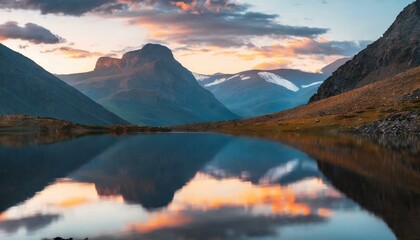 Fototapeta na wymiar Mountain Majesty: Witness the Tranquil Beauty of a High Altitude Lake, Awash in the Gentle Glow of Dawn's First Light, Creating a Symphony of Reflection and Harmony. Generative AI
