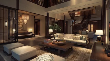 Foto op Plexiglas Contemporary Chinese interior design showcasing a modern oriental living room in the night © Malaika