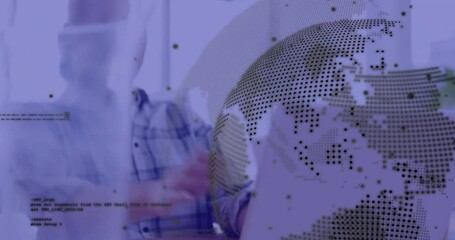 Animation of globe and data processing over biracial businesswoman using laptop in office - Powered by Adobe