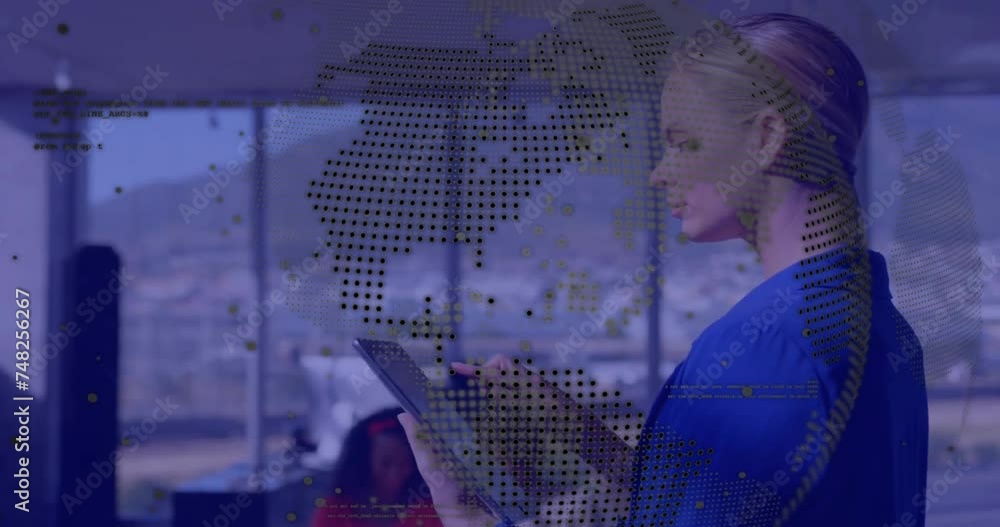 Poster animation of globe and data processing over caucasian businesswoman using tablet in office