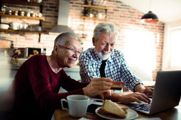 Smiling senior couple using credit card on laptop at home