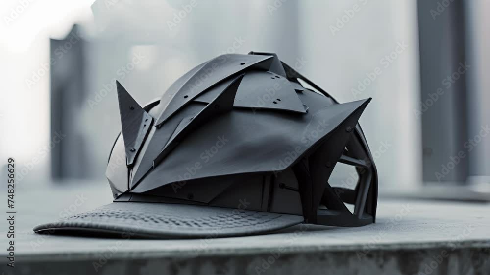 Poster an architectural 3d printed hat with sharp angles and geometric shapes representing a futuristic sky