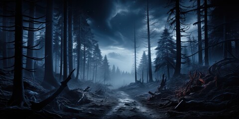 A dark forest teeming with an abundance of trees